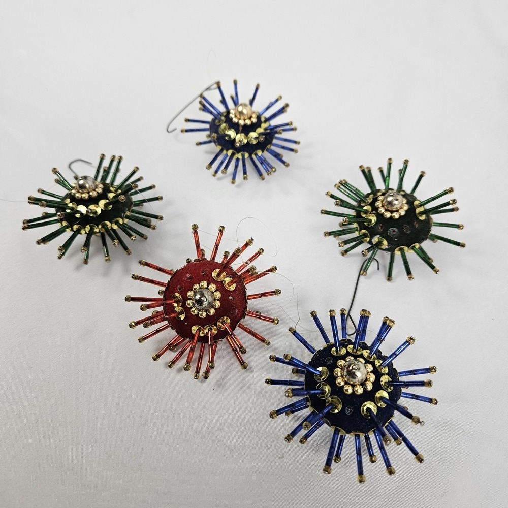 5 Starburst Push Pin Christmas Ornaments Beaded Sequin Atomic Vintage MCM
